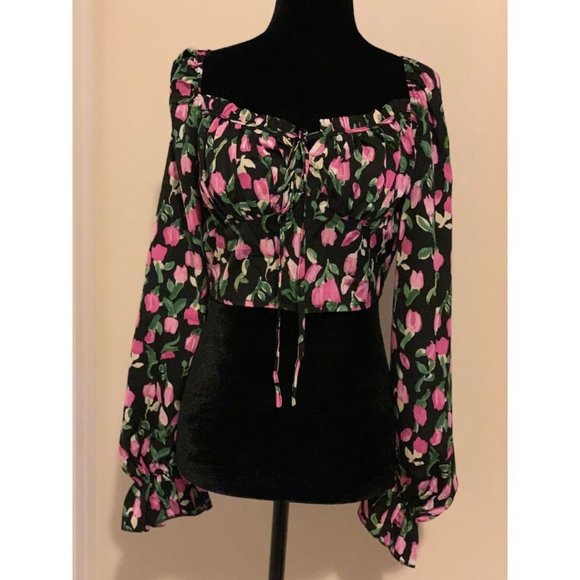 Floral Print Knot Front Flounce Sleeve Crop Blouse - Picture 6 of 8
